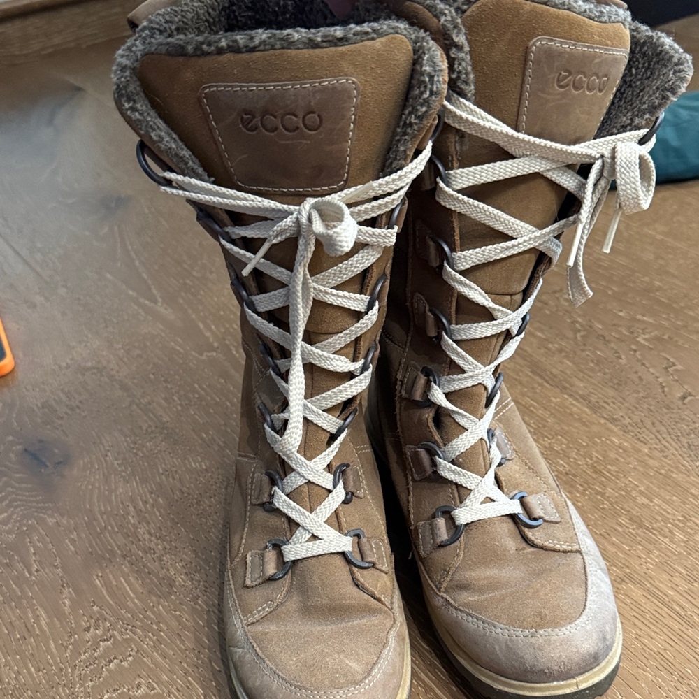 ECCO Tan Leather Lace-Up Winter Boots Fur Lined Waterproof Hiking Size 40 - Picture 3 of 4